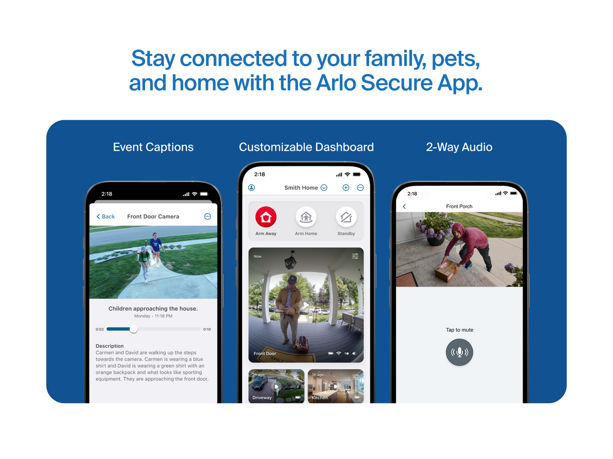 Arlo Secure app benefits with Event Captions, Customizable Dashboard, and 2-Way Audio