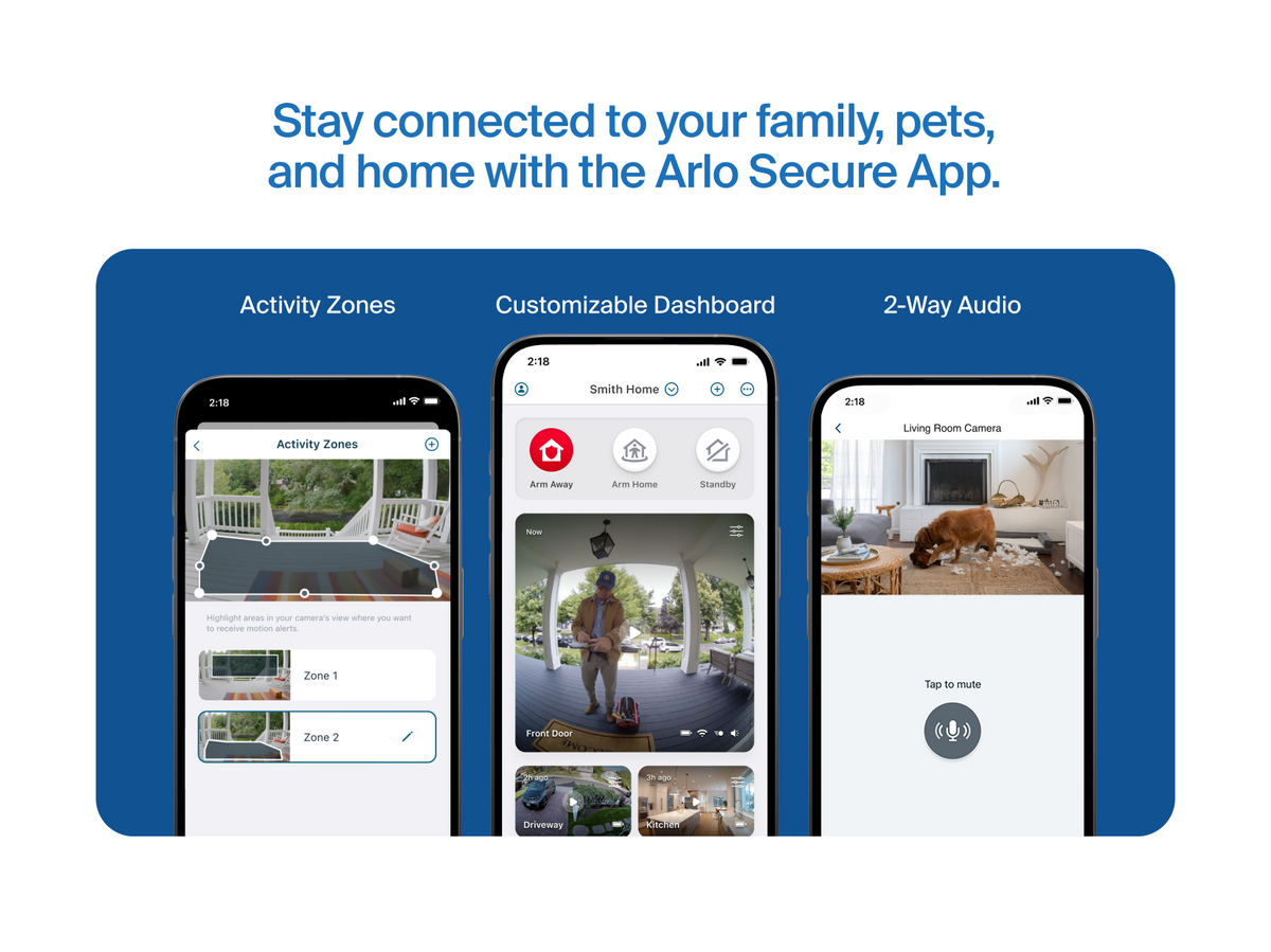 Arlo Secure app benefits with Activity Zones, Customizable Dashboard, and 2-Way Audio