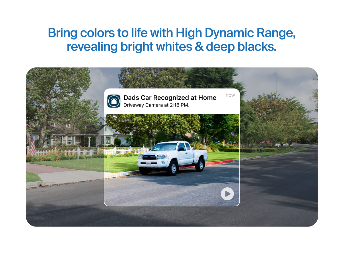Arlo Secure notification with Dad's car recognized at home with white truck parked outside of home