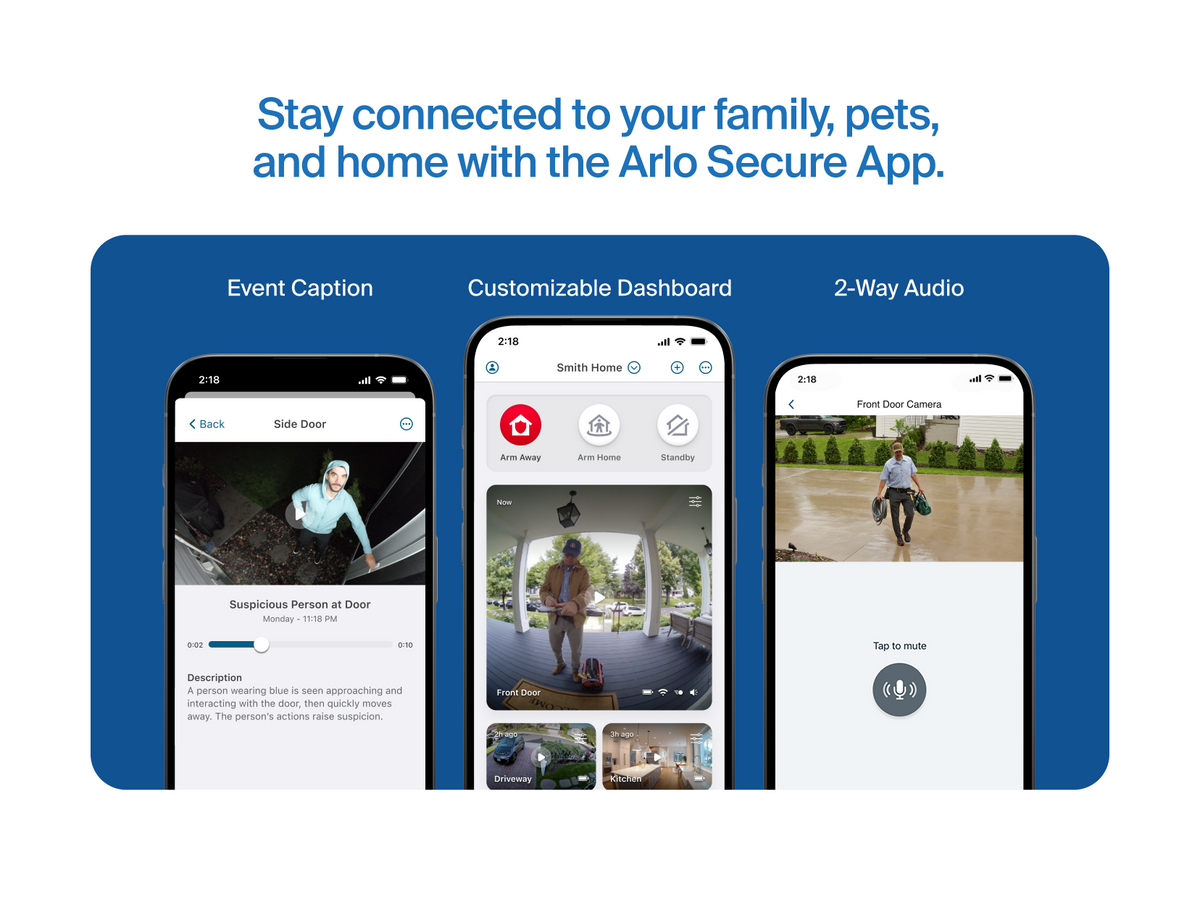 Arlo Secure benefits with three phones displaying Event Caption, Customizable Dashboard, and 2-Way Audio