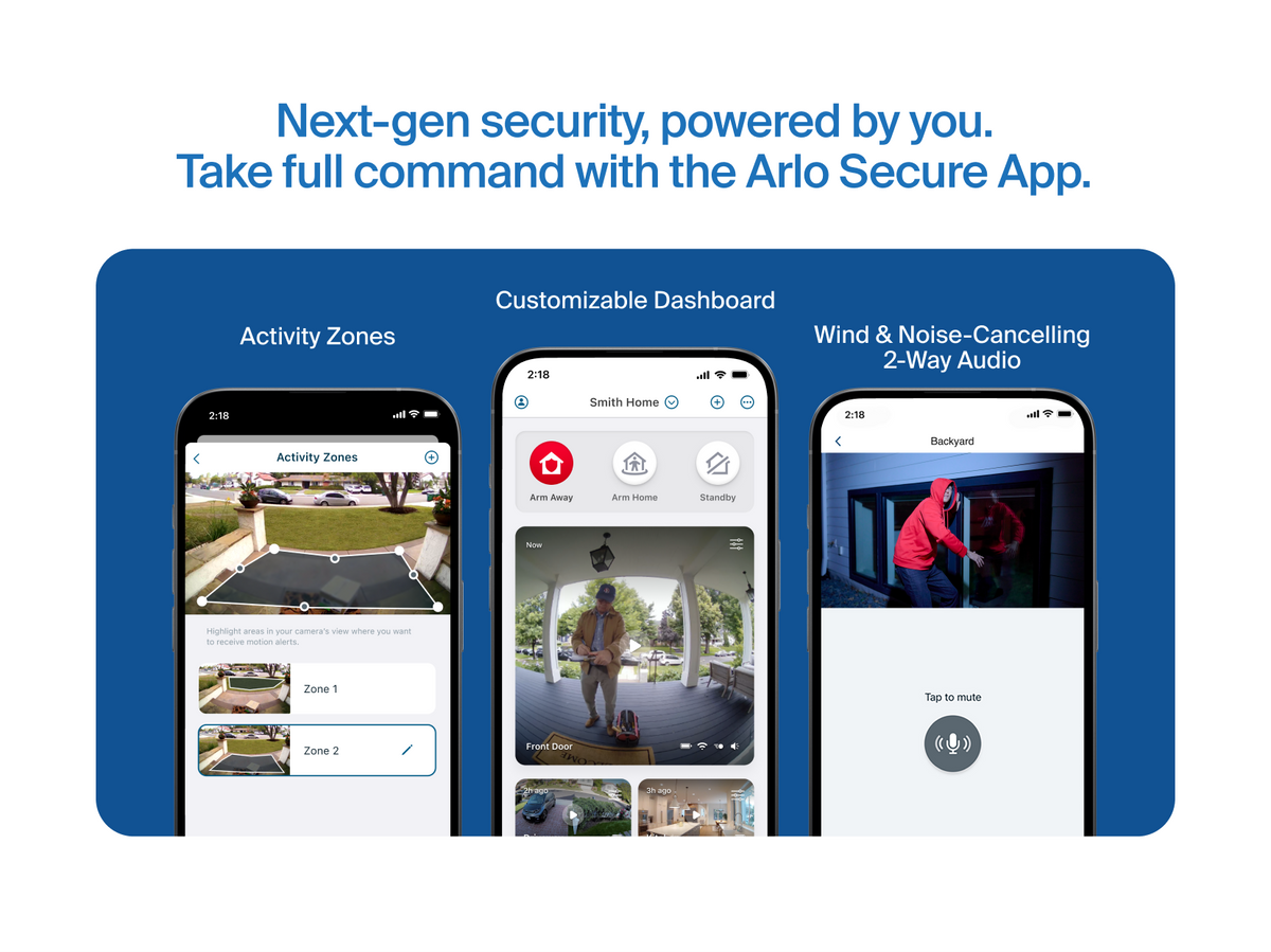 Three phone screen showing Arlo Secure benefits like Activity Zones, Customizable Dashboard, and Wind & Noise-Cancelling 2-Way Audio