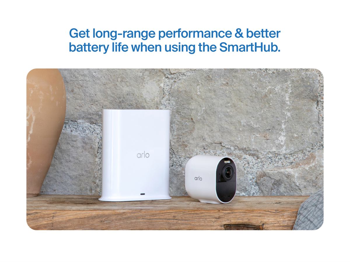 Arlo Ultra 3rd Gen camera and SmartHub on wood ledge
