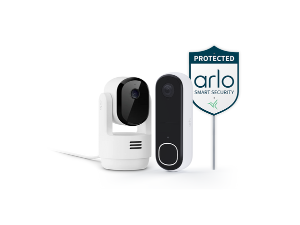 Arlo Video Doorbell, Arlo Essential Pan Tilt Indoor Camera, and Arlo Security Yard Sign