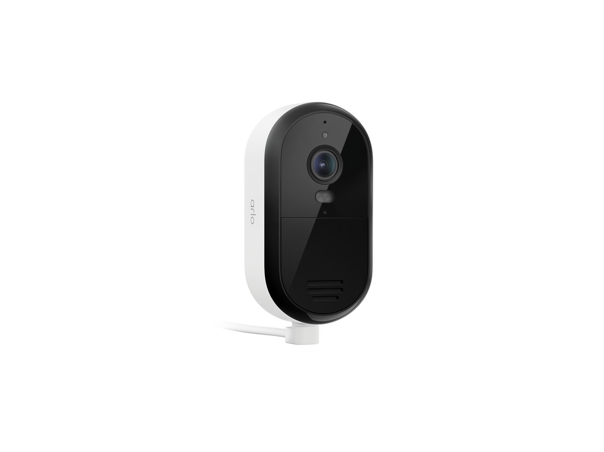 Arlo Essential Plug-in camera in white facing right