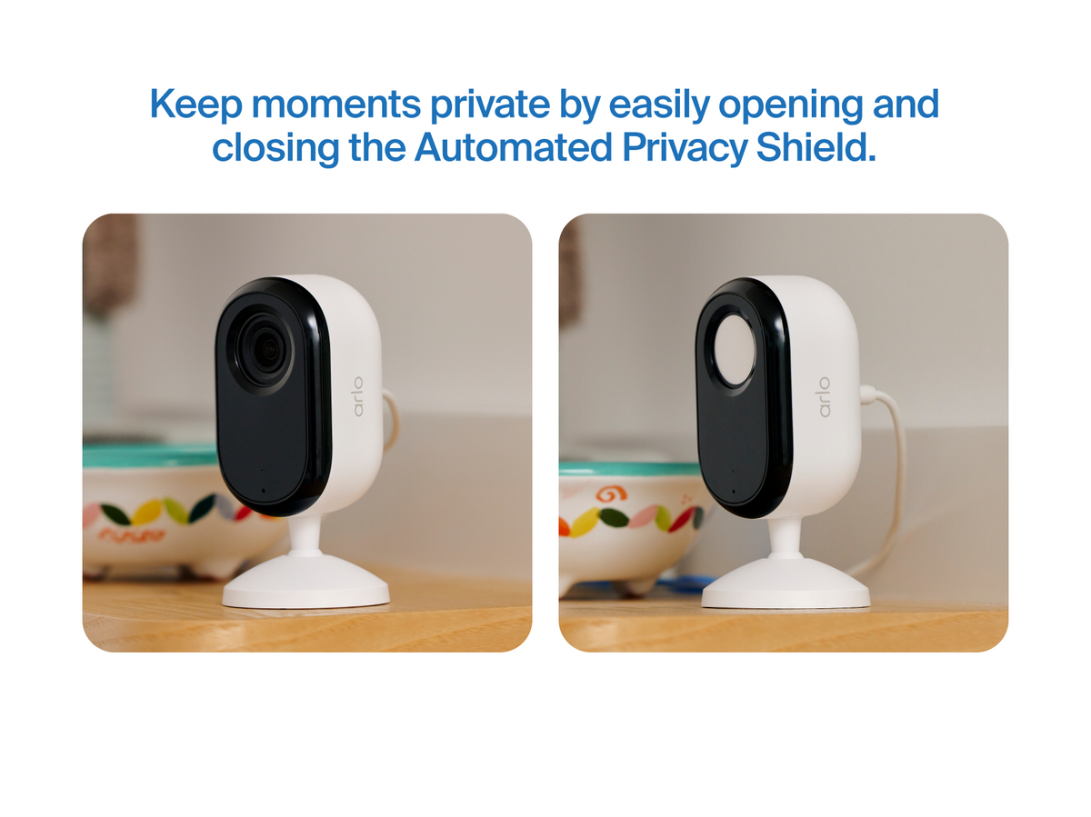 Arlo Essential 3rd Gen Indoor camera with the Automated Privacy Shield opened and closed