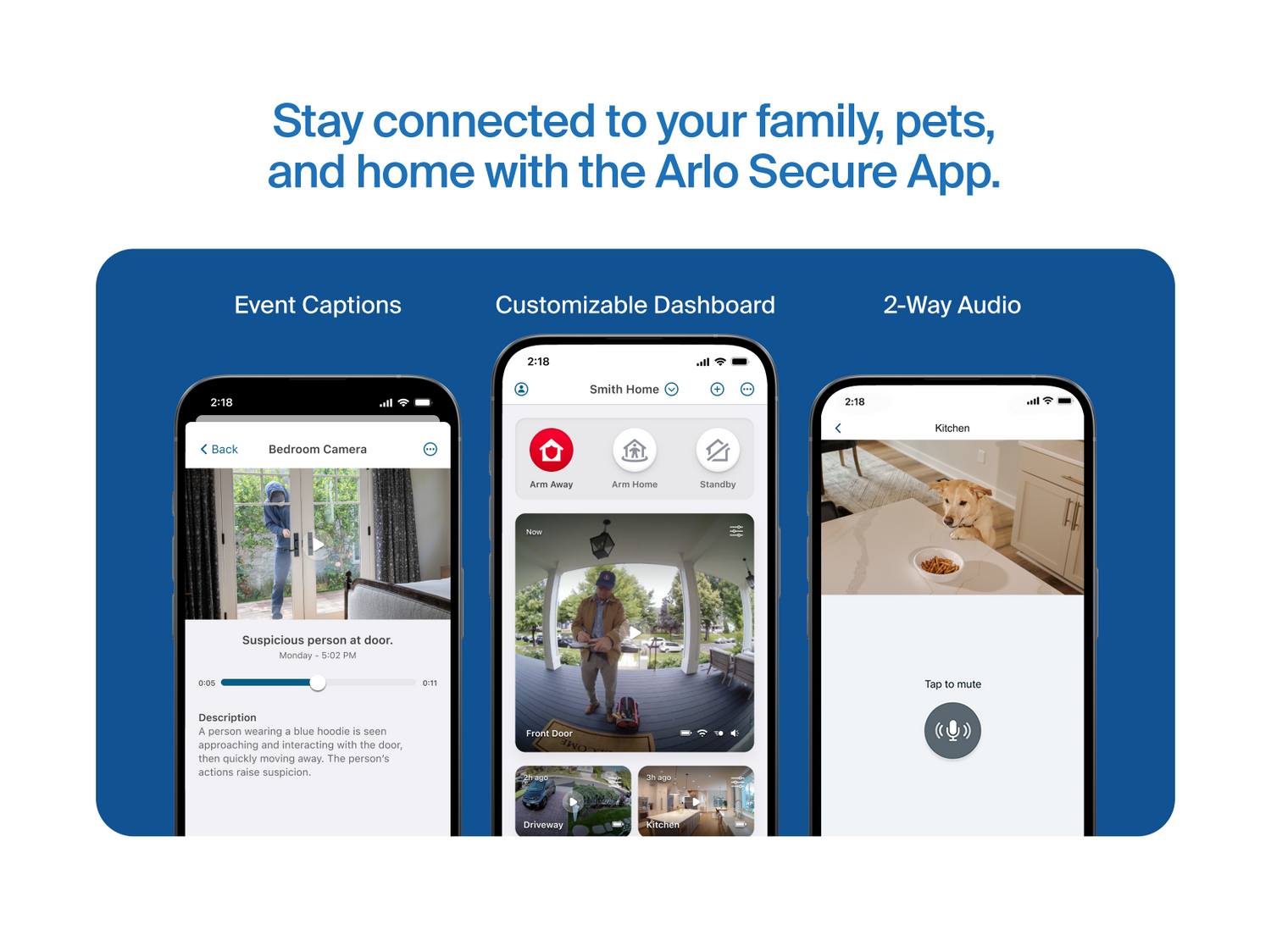 Arlo Secure app benefits with Event Captions, Customizable Dashboard, and 2-Way Audio