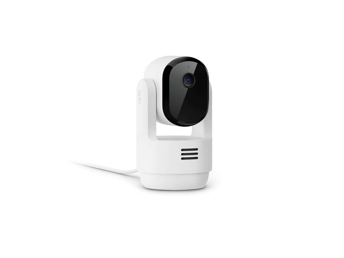 Arlo Essential Pan Tilt Indoor camera in white facing right