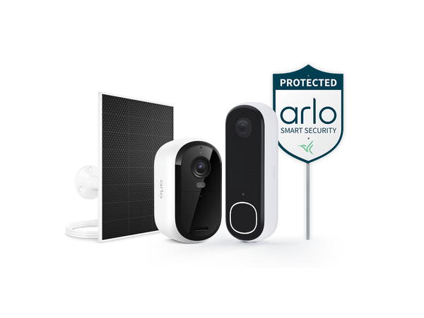 Arlo Essential 3rd Gen Camera, Arlo Video Doorbell, Arlo Universal Solar Panel Charger, and Arlo Security Yard Sign