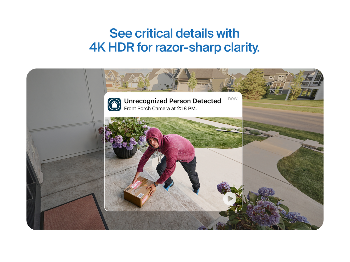 A burglar trying to steal a package from the front door in an Arlo Secure notification on a phone screen