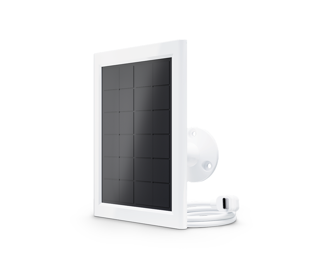A white Arlo Essential Solar Panel Charger with a solar panel on the left and an attached white cable.