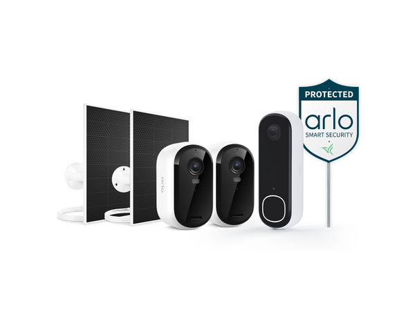 Arlo Essential 3rd Gen Outdoor 2 Camera Kit, Arlo Video Doorbell, 2 Arlo Dual Universal Solar Panel Chargers, and Arlo Security Yard Sign
