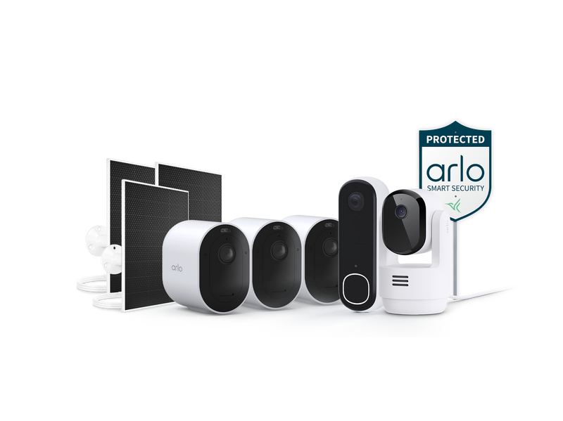 Arlo Video Doorbell, Arlo Pro 6 3 camera kit, 3 Arlo Solar Panel Chargers, Arlo Essential Pan Tilt Indoor Camera, and the Arlo Security Yard Sign