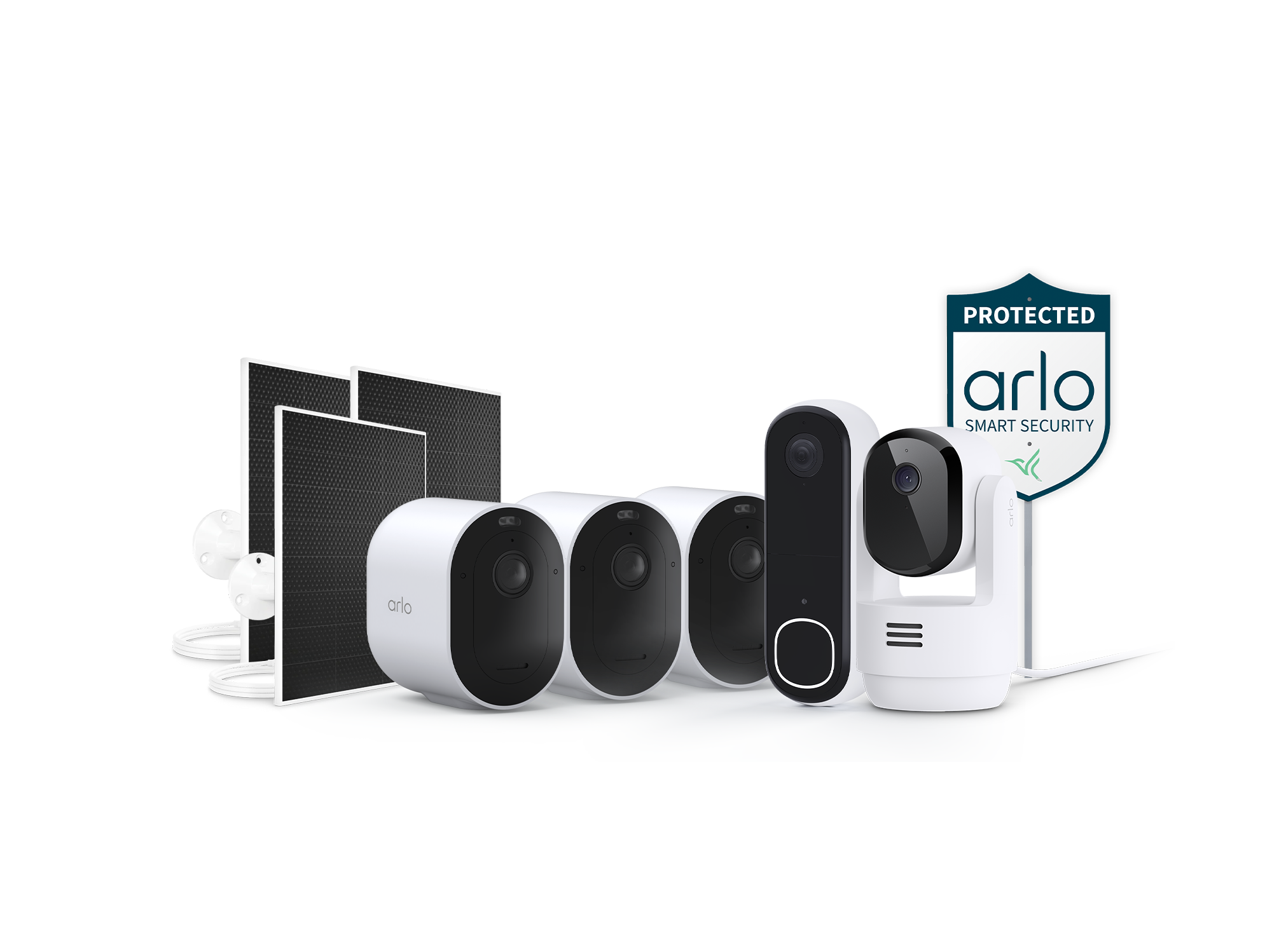 Arlo Video Doorbell, Arlo Pro 6 3 camera kit, 3 Arlo Solar Panel Chargers, Arlo Essential Pan Tilt Indoor Camera, and the Arlo Security Yard Sign
