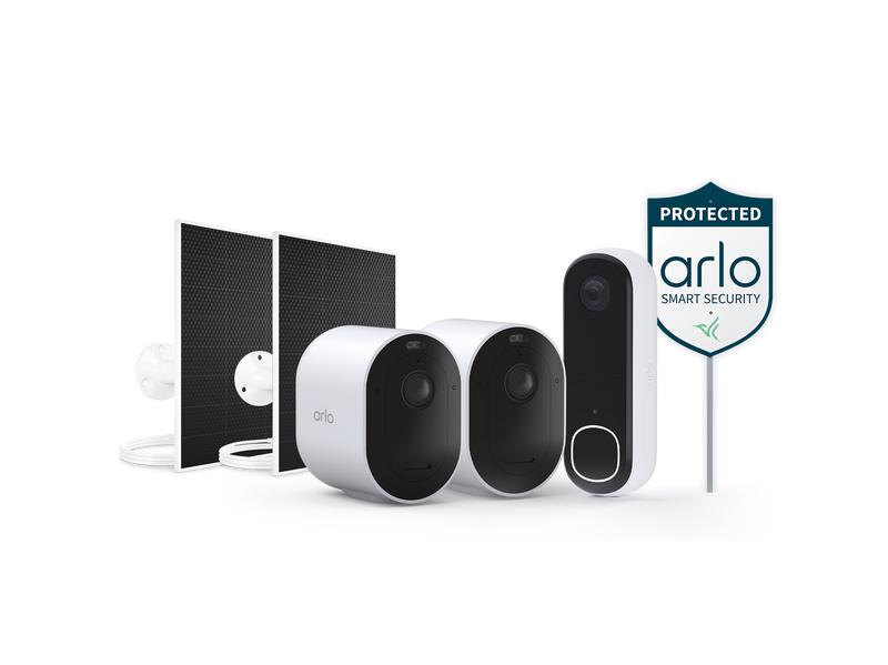 Arlo Pro 6 2 Camera Kit, Arlo Video Doorbell, 2 Arlo Dual Universal Solar Panel Chargers, and Arlo Security Yard Sign