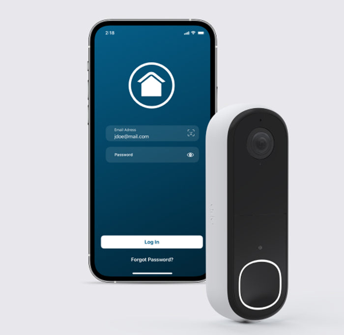 Arlo Video Doorbell with a phone with the Arlo Secure app on the screen
