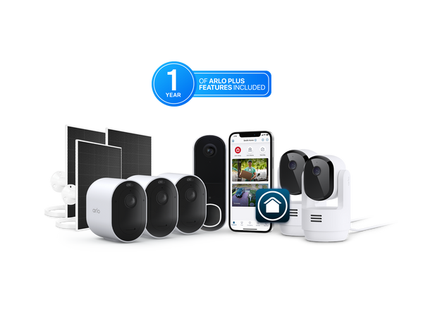 Arlo Pro 6 3 Camera Kit, Arlo Video Doorbell, 3 Arlo Solar Panel Chargers, 2 Arlo Essential Pan Tilt Indoor Cameras and a phone with the Arlo Secure app on the UI screen