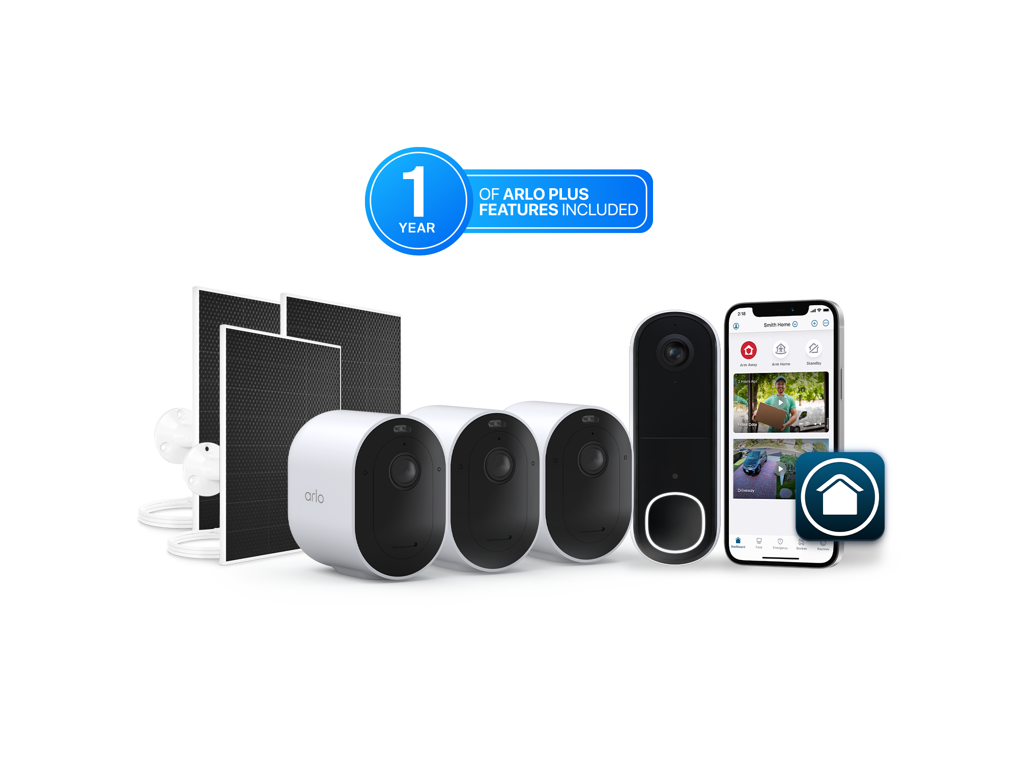 Arlo Pro 6 3 Camera Kit, Arlo Video Doorbell, 3 Arlo Solar Panel Chargers, and a phone with the Arlo Secure app on the UI screen
