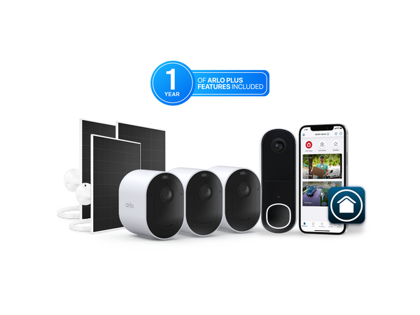 Arlo Pro 6 3 Camera Kit, Arlo Video Doorbell, 3 Arlo Solar Panel Chargers, and a phone with the Arlo Secure app on the UI screen