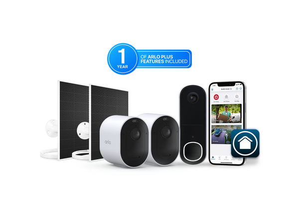 Arlo Pro 6 2 Camera Kit, Arlo Video Doorbell, 2 Arlo Solar Panel Chargers, and a phone with the Arlo Secure app on the UI screen