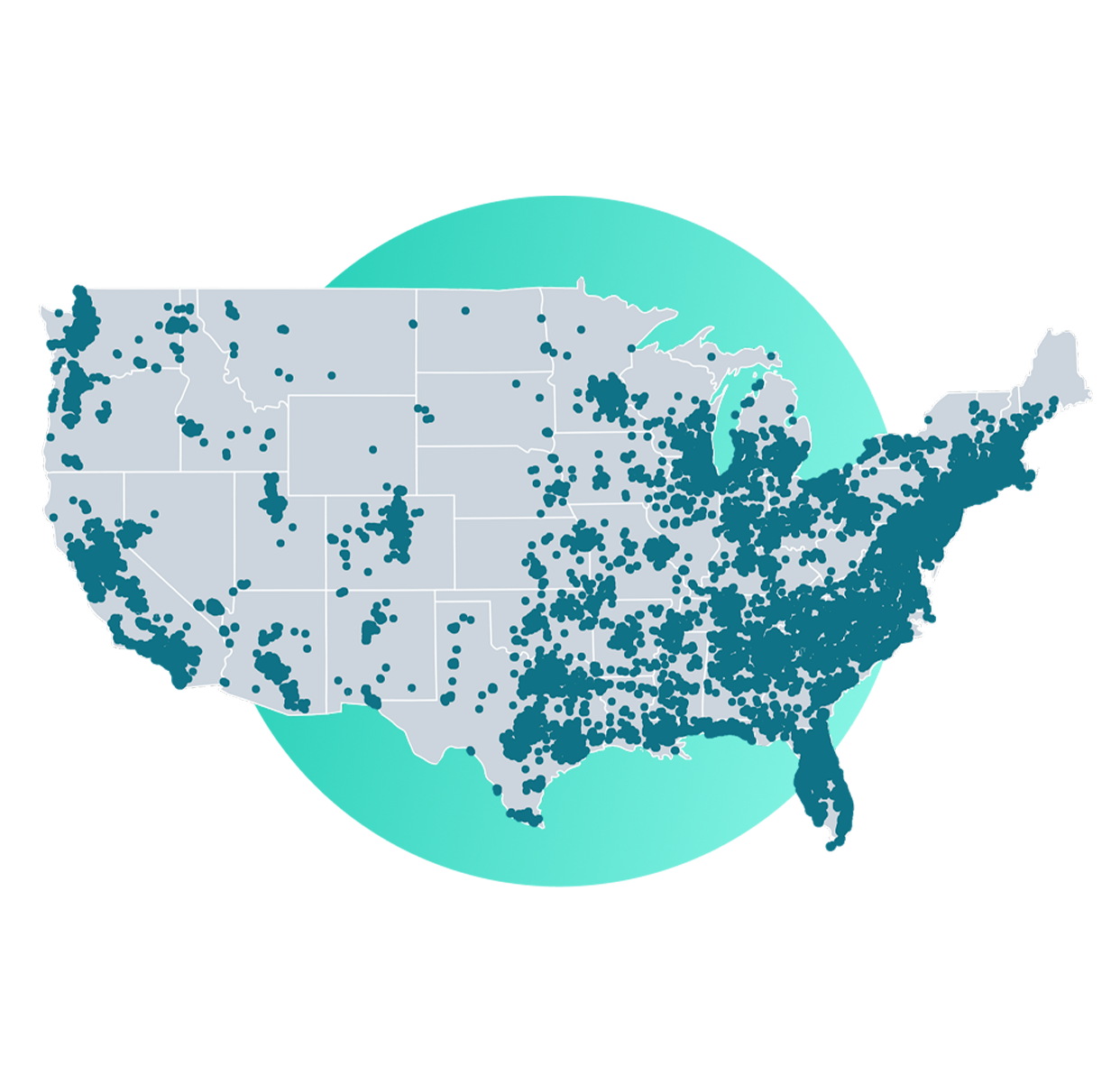 A stylized map of the United States with dark teal dots distributed across the country and a large mint-green circular backdrop on a white background.