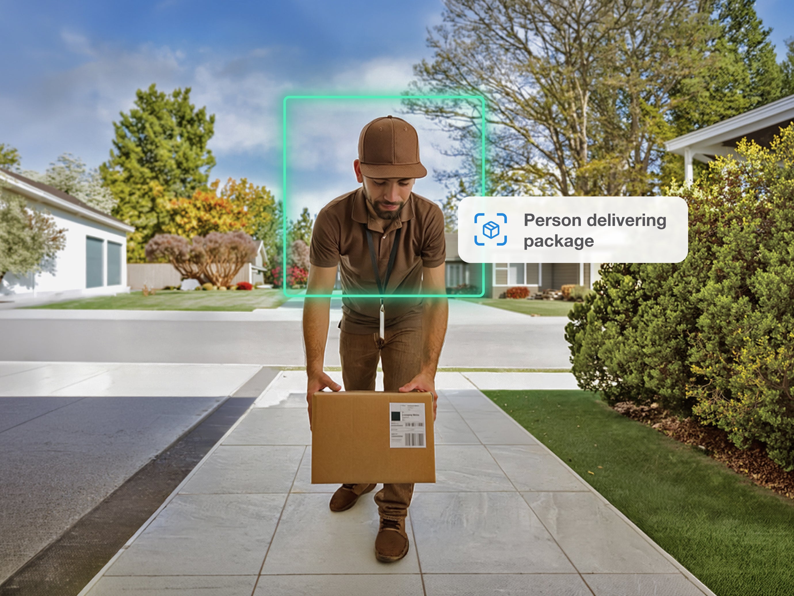 Man delivering a package with a security camera icon overlay on a residential street.