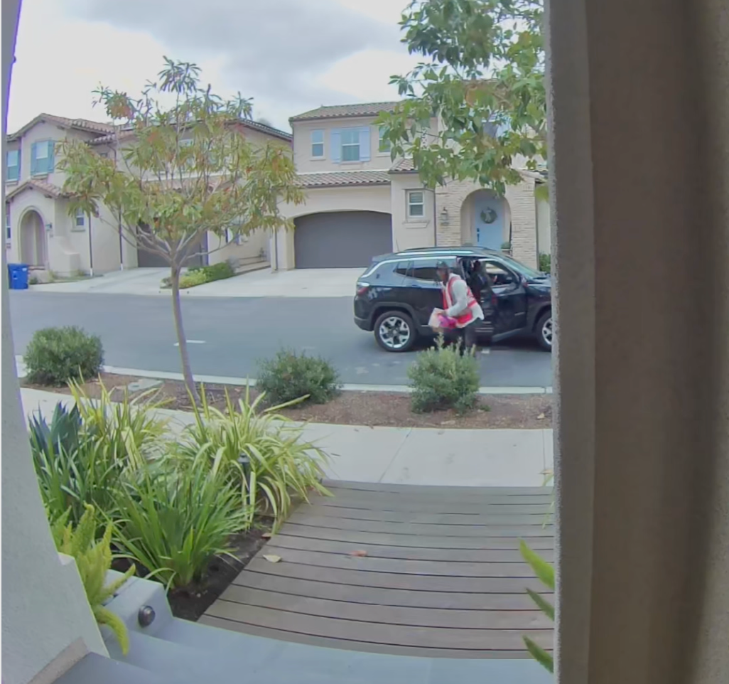 Neighborhood street with houses, a car, and a person holding package