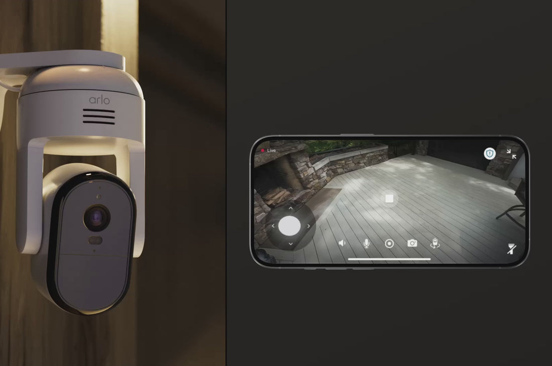Arlo Essential Pan Tilt camera next to a phone with smoke coming out from a can in the backyard on the phone screen animation