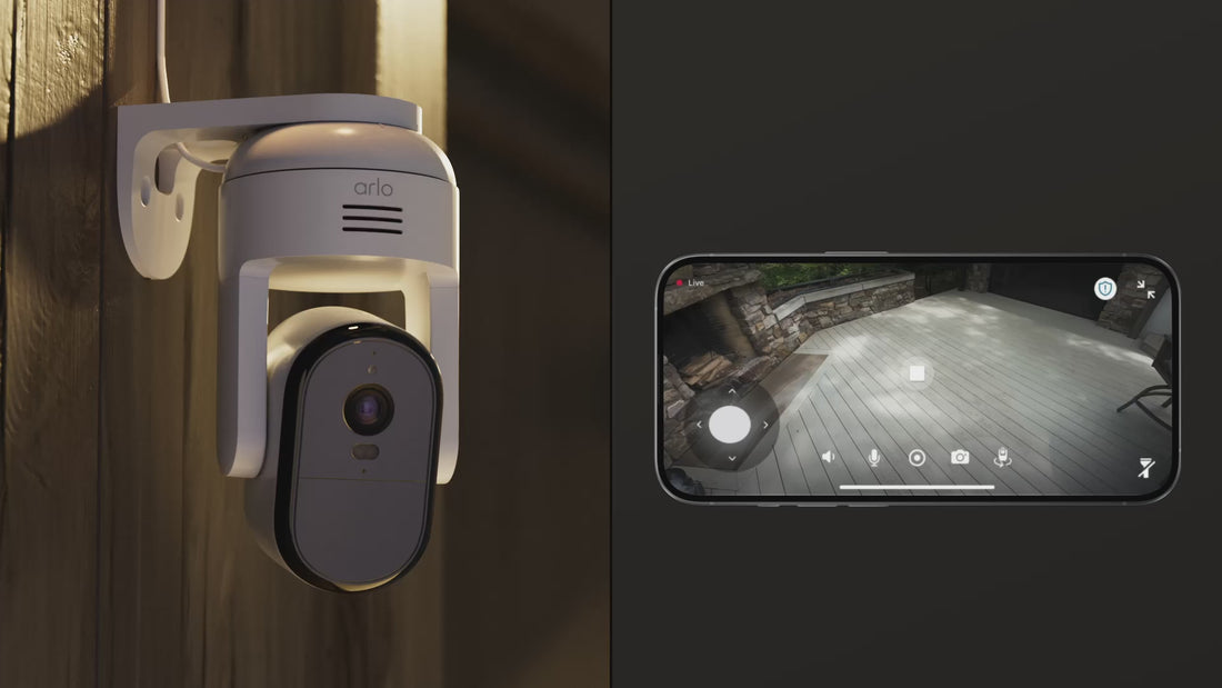 Arlo Essential Pan Tilt camera next to a phone screen showing the backyard with smoke coming out of a can
