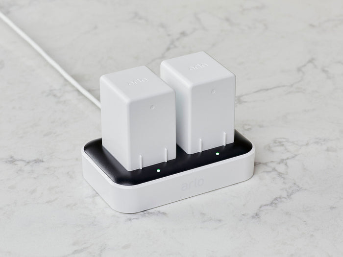 Arlo Dual charging station charging two rechargeable batteries
