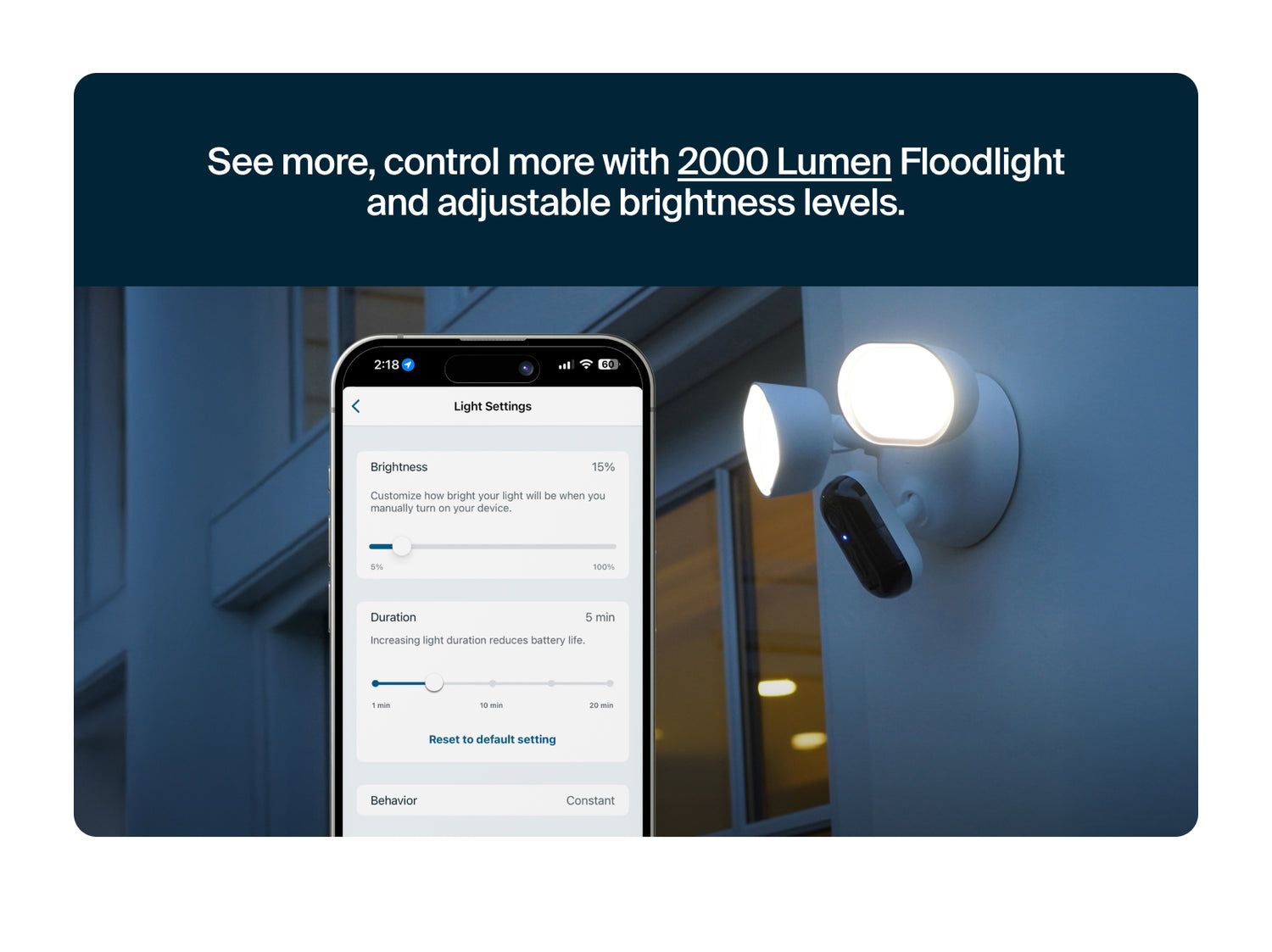 Wired Floodlight with Arlo Secure smartphone app interface on a blue background