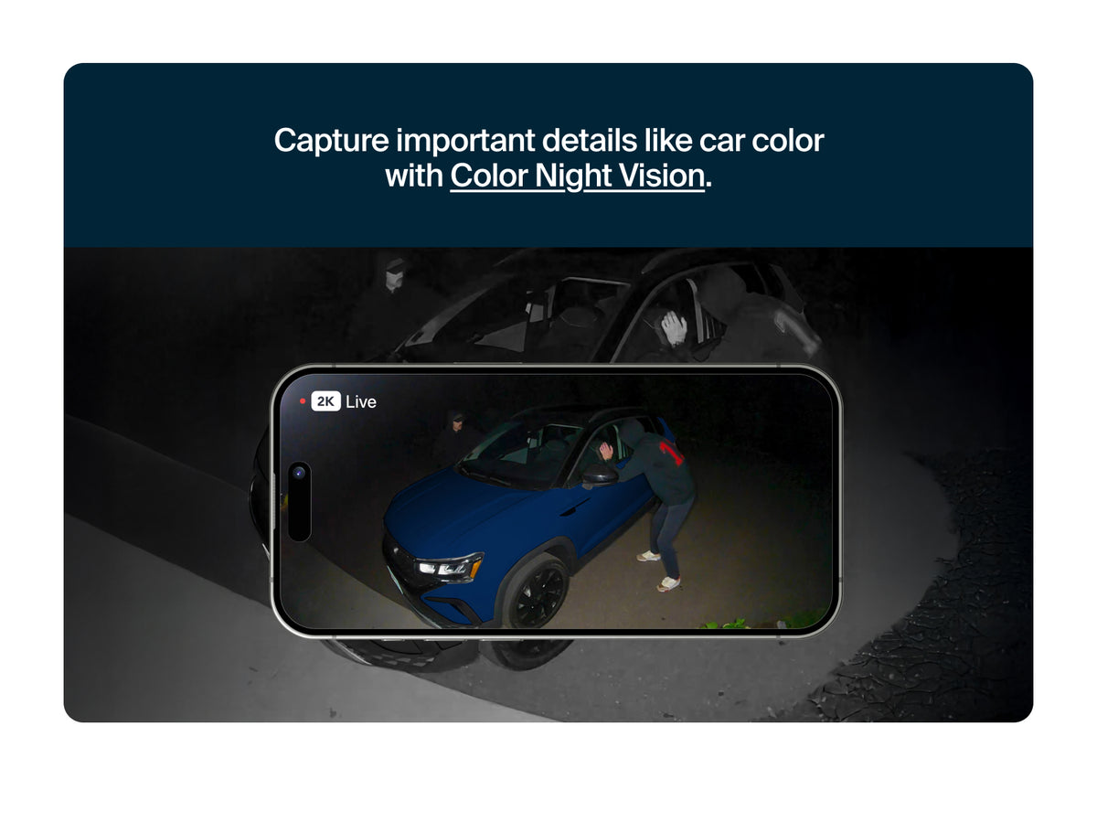 Phone screen showing a car at night with 'Color Night Vision' text above.