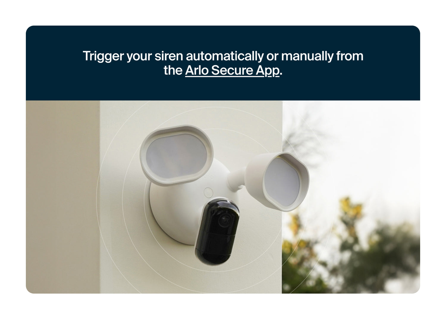 Arlo Wired Floodlight with siren on a white wall, text about Arlo Secure App.